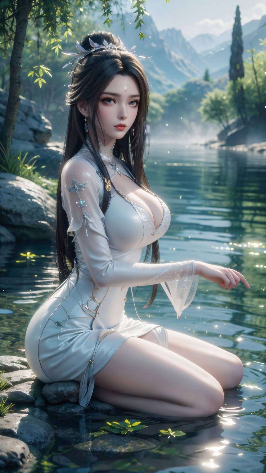 以诛仙游戏中的经典角色为灵感融合了宁静致远的山水背景